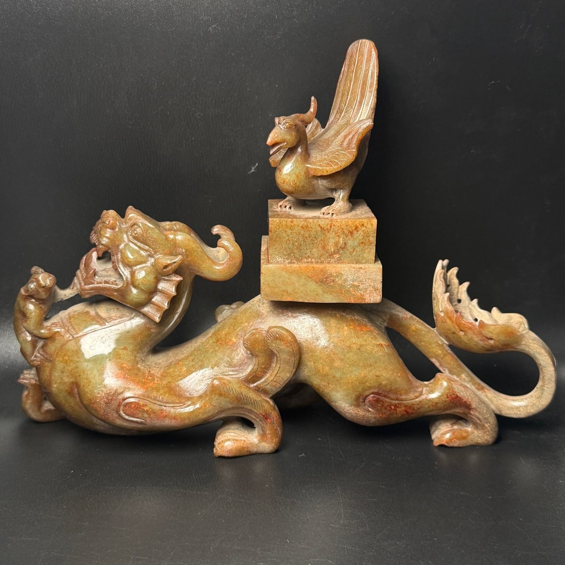 Old Chinese Hetian Jade Carved Pixiu Supporting Phoenix Seal, Auspicious Motif: Dimensions: 270 × 200 × 73 mm Weight: 2392 g