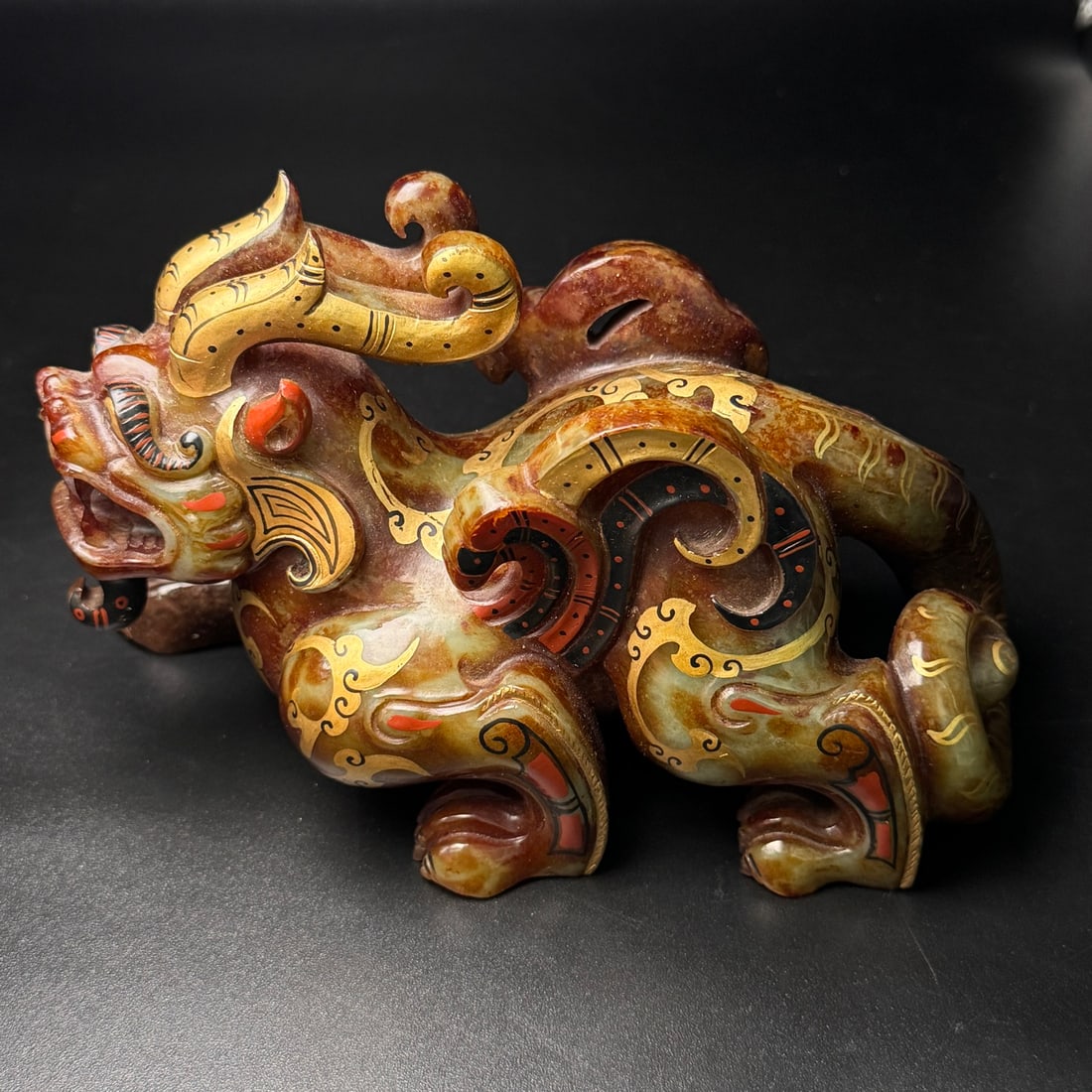 Old Chinese Hetian Jade Carved Pixiu Figure, Gilt and Polychrome Decoration, Auspicious Beast: Dimensions: 180 × 110 × 85 mm Weight: 1526 g
