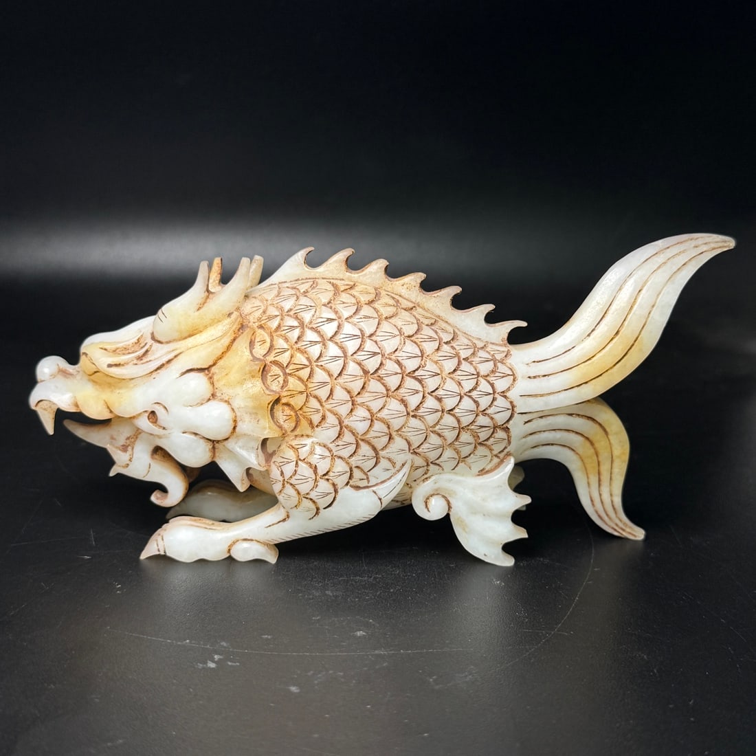 Old Chinese Hetian White Jade Carved Fish-Dragon Statue (1 of 9)