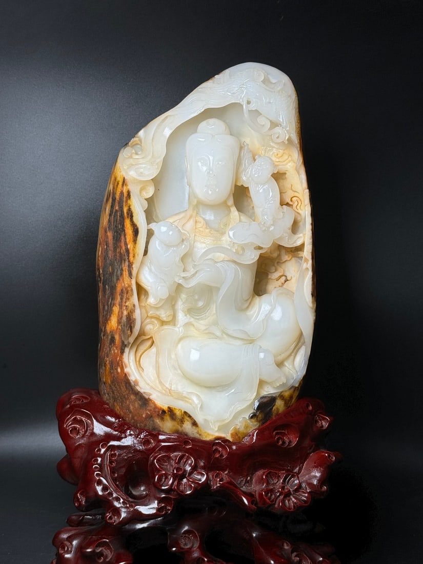 Old Chinese Hetian White Jade Carved Guanyin with Child Statue (1 of 9)