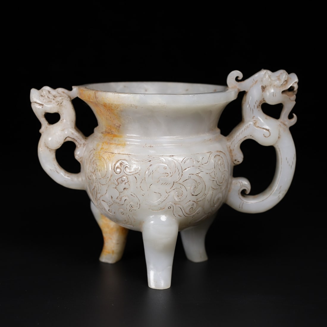 Rare Chinese Hetian Jade Tripod Cup with Carved Dragons and Relief Decoration (1 of 9)