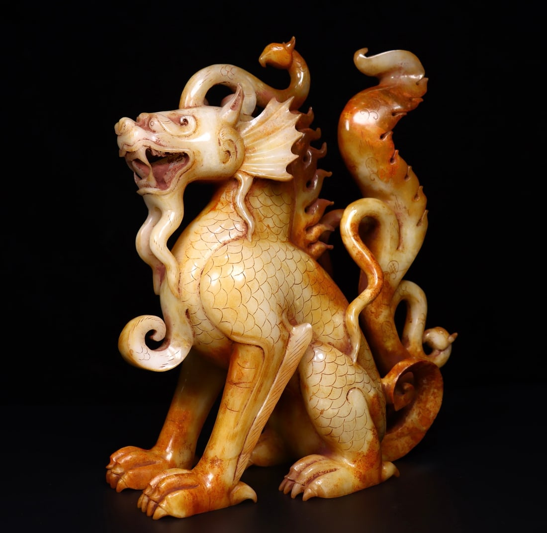 Old Collection Hetian Jade Carved Qilin Statue: Material: Hetian Jade Dimensions: L 20.5 cm / W 10 cm / H 24 cm Weight: 2917 g