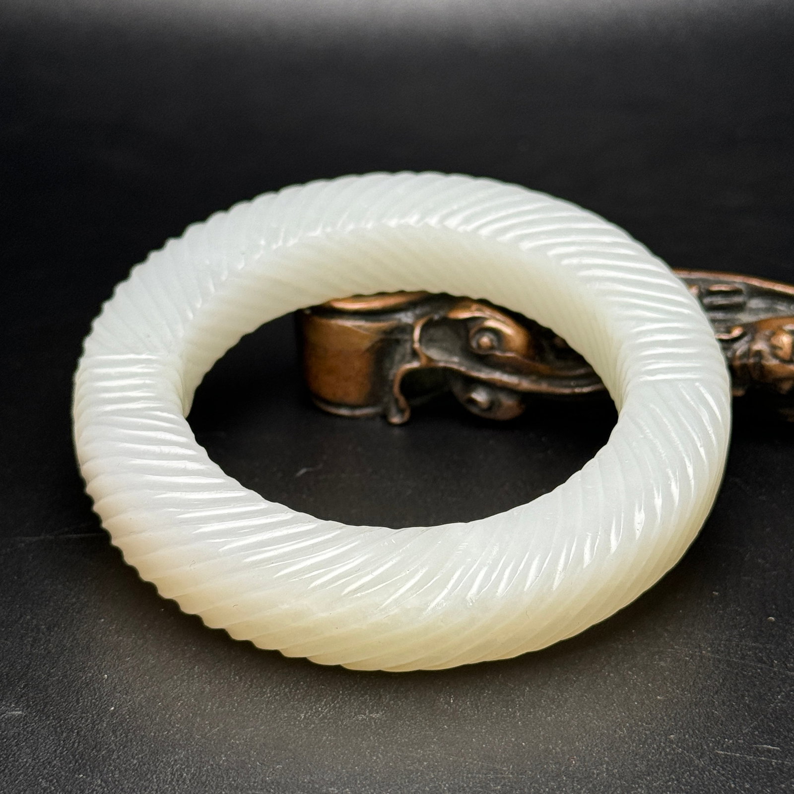 Antique Exquisite Twisted Thread Pattern Hetian Jade Bangle - 6