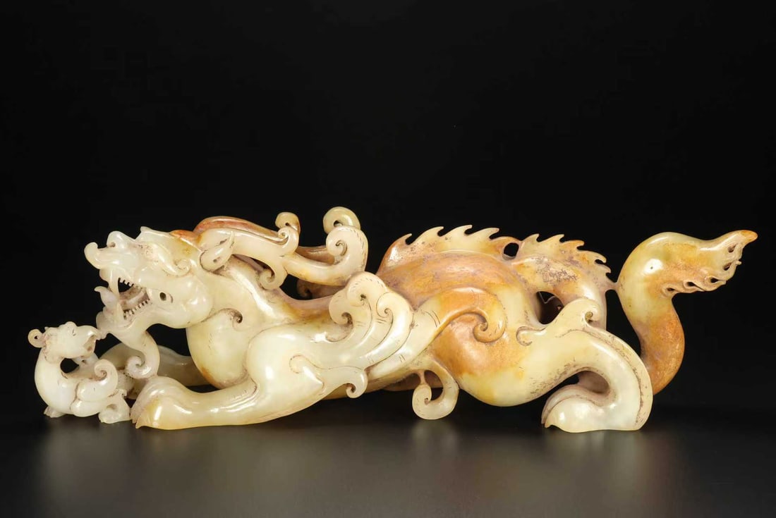 Old Collection Hetian Jade Carved Dragon & Phoenix Statue (1 of 9)
