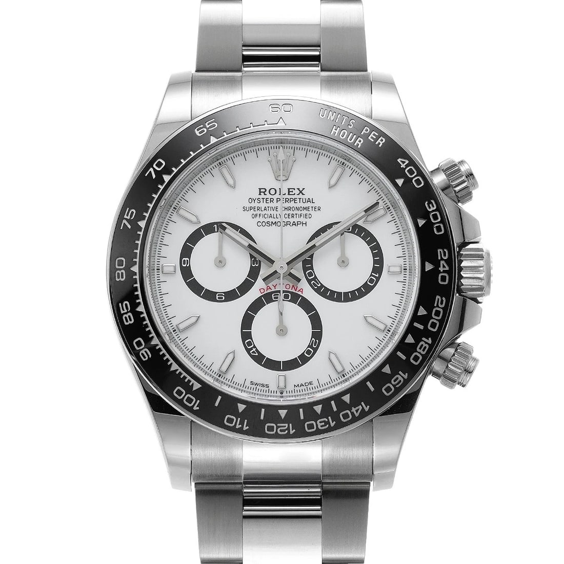 ROLEX Cosmograph Daytona 126500LN White WATCH: Condition:Pre-owned Genre:Wristwatch/mens Brand:ROLEX Model Number:126500LN Movement:Mechanical Automatic / Cal.4131 Dial Color:White Case:Stainless steel Windproof Material:Sapphire Crystal Glass Bez