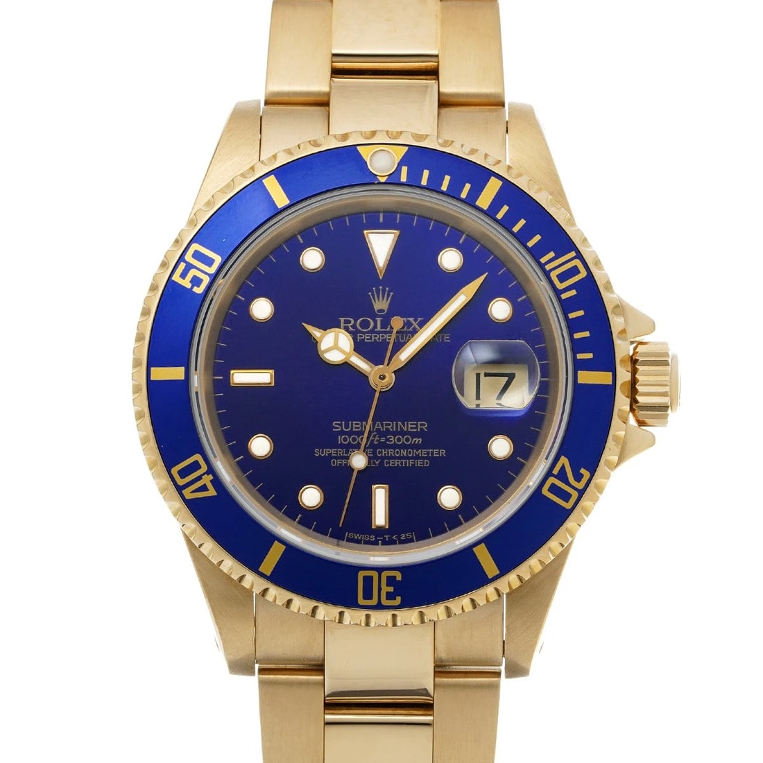 ROLEX Submariner date 16618 Blue WATCH: Condition:Pre-owned Genre:Wristwatch/mens Brand:ROLEX Model Number:16618 Movement:Mechanical Automatic / Cal.3135 Dial Color:Blue Case:Yellow Gold Windproof Material:Sapphire Crystal Glass Bezel:Yello