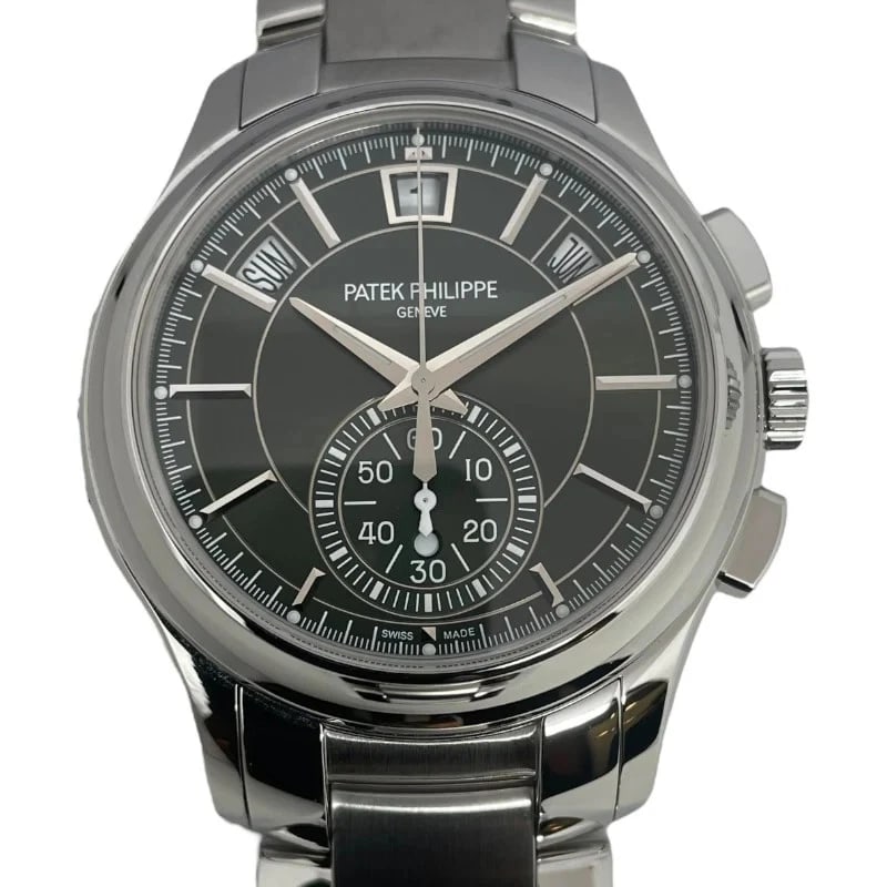 PATEK PHILIPPE Tambour Annual Calendar Flyback Chronograph 5905/1A-001: Condition:Pre-owned Brand:PATEK PHILIPPE Reference No. (Ref):5905/1A-001 Gender / Fit:Mens Dial Color:Olive Green Case / Strap Material:Stainless Steel Movement:Automatic Case Diameter (approx.):42mm