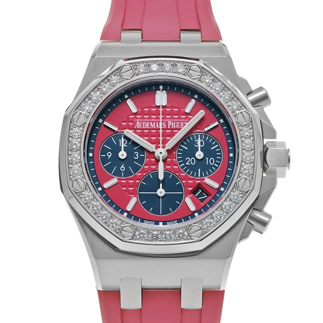 AUDEMARS PIGUET Royal Oak Chronograph 26231ST.ZZ.D069CA.01 Pink/blue WATCH: Condition:Pre-owned Genre:Wristwatch/Women Brand:AUDEMARS PIGUET Model Number:26231ST.ZZ.D069CA.01 Movement:Mechanical Automatic / Cal.2385 Dial Color:Pink/blue Case:Stainless steel Windproof Material