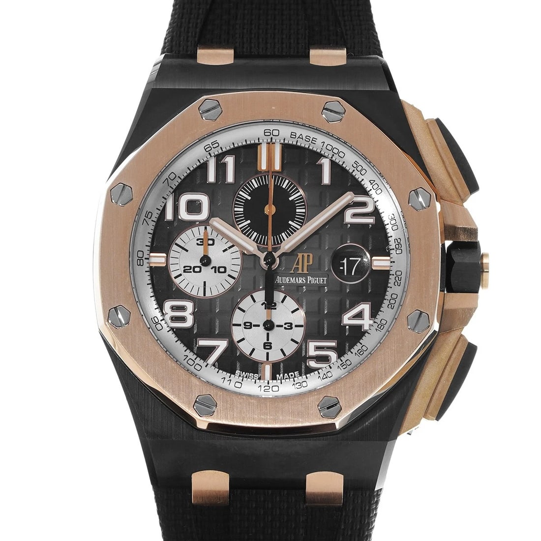 AUDEMARS PIGUET Royal Oak Offshore Chronograph 26405NR.OO.A002CA.01 Smoke Gray/Rhodium WATCH: Condition:Pre-owned Genre:Wristwatch/mens Brand:AUDEMARS PIGUET Model Number:26405NR.OO.A002CA.01 Movement:Mechanical Automatic / Cal.3126/3840 Dial Color:Smoke gray/Rhodium Case:Ceramic/Pink gold Win