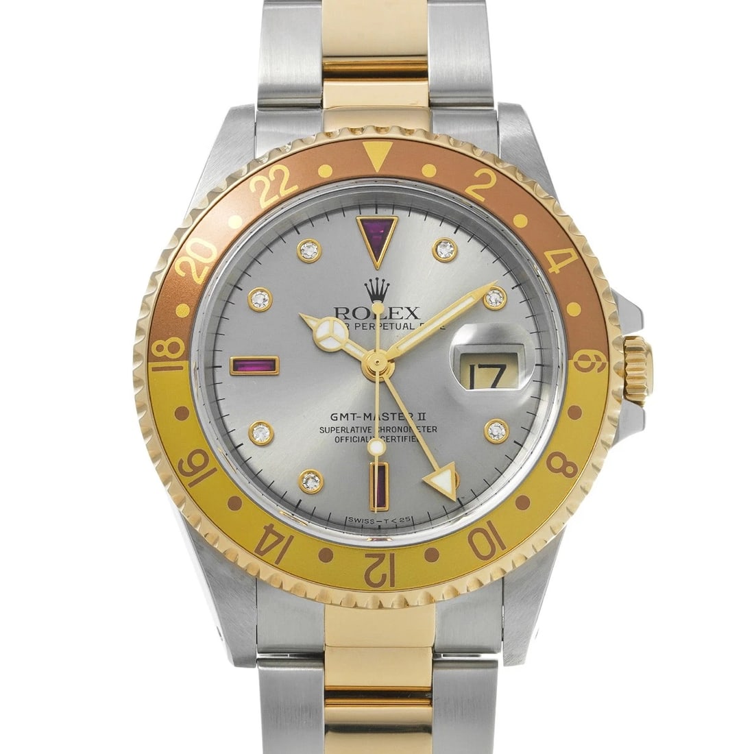 ROLEX GMT-MasterII 16713RG Gray/Ruby / Diamond WATCH: Condition:Pre-owned Genre:Wristwatch/mens Brand:ROLEX Model Number:16713RG Movement:Mechanical Automatic / Cal.3185 or Cal.3186 Dial Color:Gray/Ruby / Diamond Case:Stainless steel Windproof Material:S