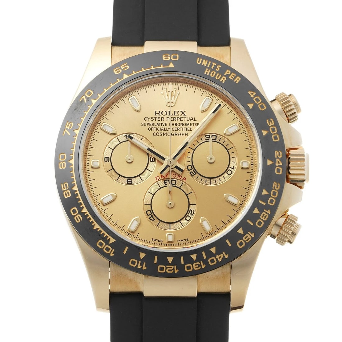 ROLEX Cosmograph Daytona 116518LN Champagne WATCH: Condition:Pre-owned Genre:Wristwatch/mens Brand:ROLEX Model Number:116518LN Serial:Random serial Movement:Mechanical Automatic / Cal.4130 Dial Color:Champagne Case:Yellow Gold Windproof Material:Sapph