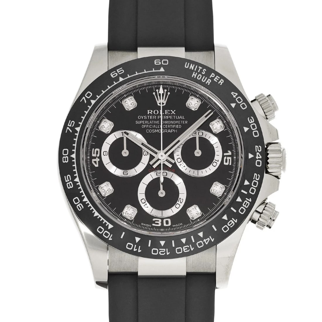 ROLEX Cosmograph Daytona 116519LNG Black/diamond WATCH: Condition:Pre-owned Genre:Wristwatch/mens Brand:ROLEX Model Number:116519LNG Movement:Mechanical Automatic / Cal.4130 Dial Color:Black/diamond Case:White gold Windproof Material:Sapphire Crystal Glass