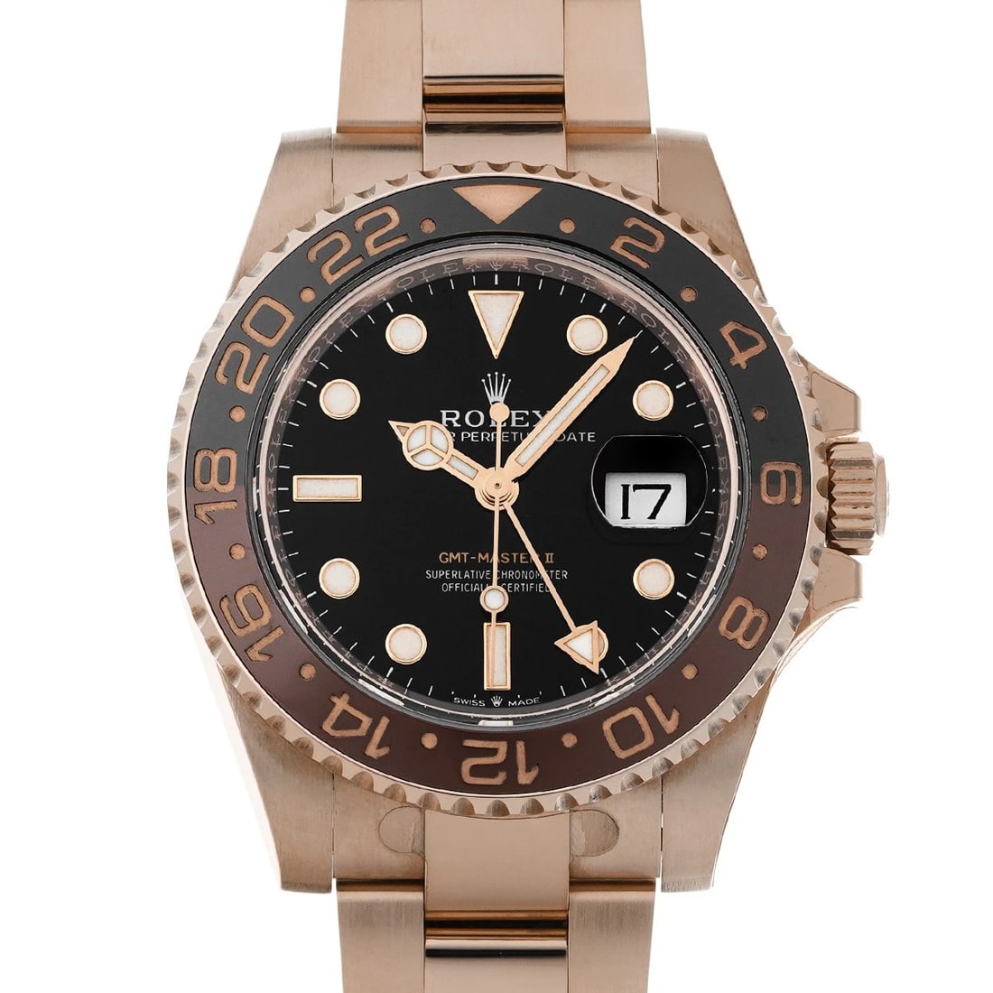 ROLEX GMT-MasterII 126715CHNR Black WATCH: Condition:Pre-owned Genre:Wristwatch/mens Brand:ROLEX Model Number:126715CHNR Movement:Mechanical Automatic / Cal.3285 Dial Color:Black Case:Everrose gold Windproof Material:Sapphire Crystal Glass Bez