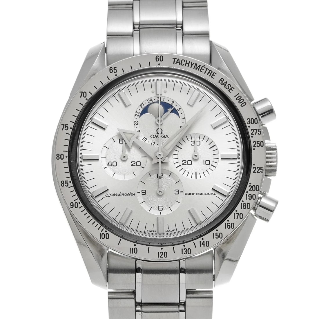 OMEGA Speedmaster Moonwatch Professional Moon Phase 3575.30 Silver WATCH: Condition:Pre-owned Genre:Wristwatch/mens Brand:OMEGA Model Number:3575.30 Movement:Hand Winding / Cal.1866 Dial Color:Silver Case:Stainless steel Windproof Material:Sapphire Crystal Glass Bezel:White