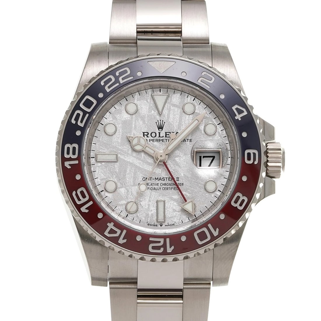 ROLEX GMT-MasterII 126719BLRO Meteolite WATCH: Condition:Pre-owned Genre:Wristwatch/mens Brand:ROLEX Model Number:126719BLRO Movement:Mechanical Automatic / Cal.3285 Dial Color:Meteolite Case:White gold Windproof Material:Sapphire Crystal Glass Be
