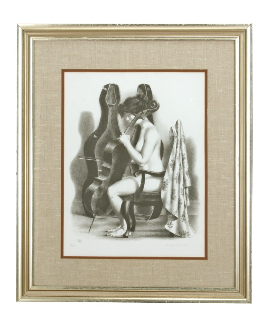 Joseph Hirsch American: (1910 - 1981) Portrait of a Nude Playing Cello Lithograph 30/150: Joseph Hirsch American: (1910 - 1981) Portrait of a Nude Playing Cello Lithograph on Paper Signed: Joseph Hirsch (lr) in artist hand - in graphite. Numbered: 30-150 (ll) Lithog