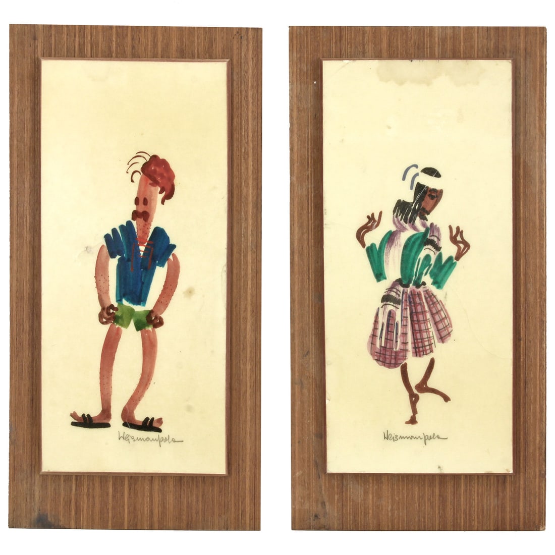 Pola Weizman Israeli, B1939-: Pola Weizman Israeli, B1939 Pair of Figural – Male & Female Portraits Signed: Weizman Pola (lower center right) and (lower center) in pencil. Watercolor on Paper 5.75 x 13” (im