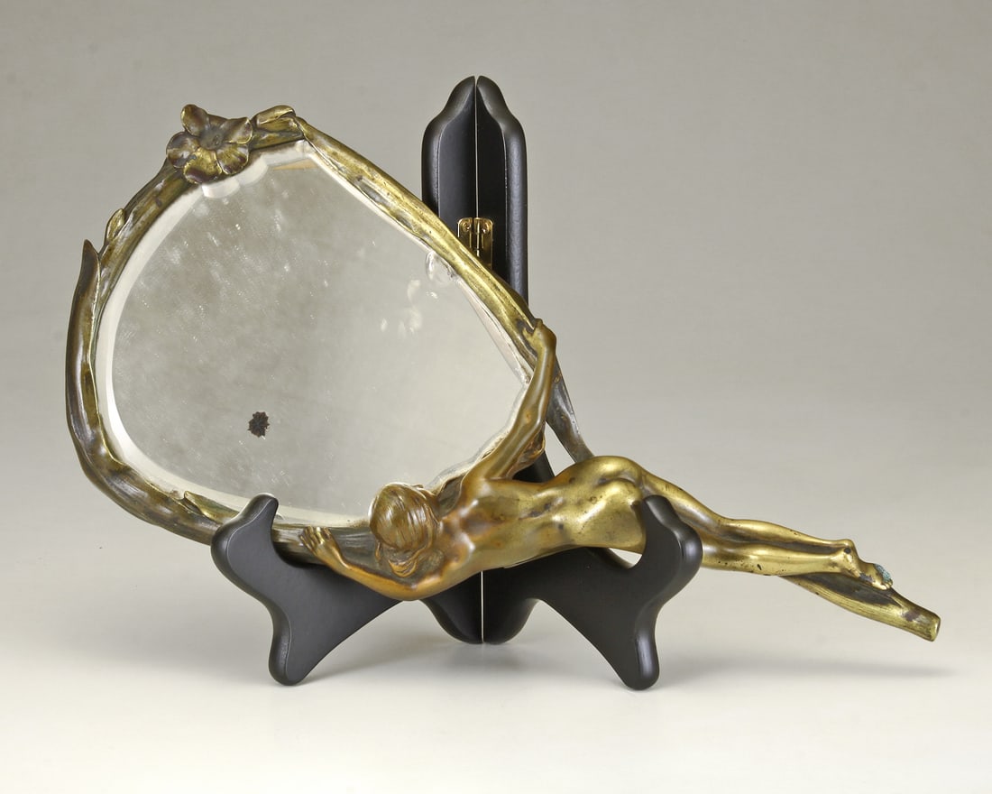 Maurice Bouval French, 1863-1916 C1900 Art Nouveau Hand Mirror: Maurice Bouval French, 1863-1916 C1900 Miroir Art Nouveau Avec Jeune Fille Nue or Nude Female Maiden Hand Mirror Signed: M. Bouval - E. Colin & Cie/Paris Patinated Dore bronze 12.5 In. Length x 6 