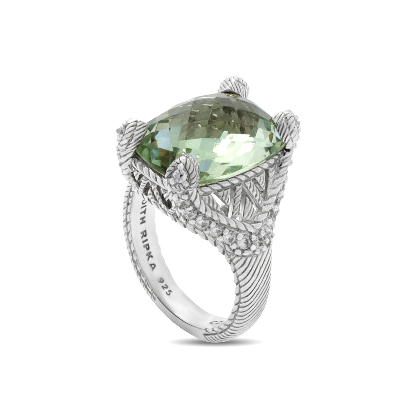 Silver, Peridot, CZ (Open Work Gallery) Cocktail Ring; Judith Ripka Sz: 7.25: Silver, Peridot, CZ (Open Work Gallery) Cocktail Ring; Judith Ripka The ring features one large cushion cut light green Peridot measuring 12.09mm x 16.20mm and weighing aprox: 9.30ct Marked Judith Rip