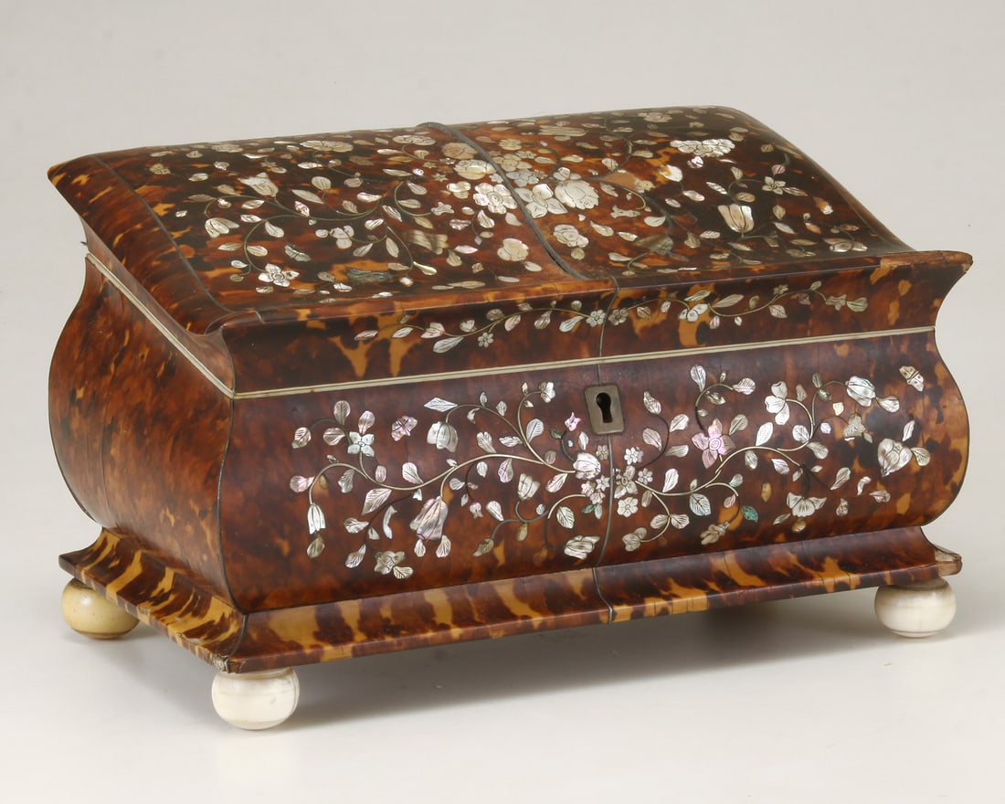 C1850 ENGLISH INLAID TORTOISE SHELL, MOTHER OF PEARL, SILVER SEWING BOX (1 of 14)