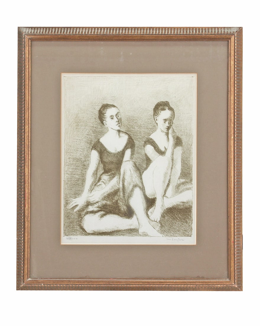 Moses Soyer American, 1899-1974 Ballerinas Lithograph: Moses Soyer American, 1899-1974 Ballerinas Signed: M Soyer (lr) in artist hand - in graphite. Numbered: 61-100 (ll) Lithograph on paper 12 x 15.5” inches sight 18.5 x 21.5” inc