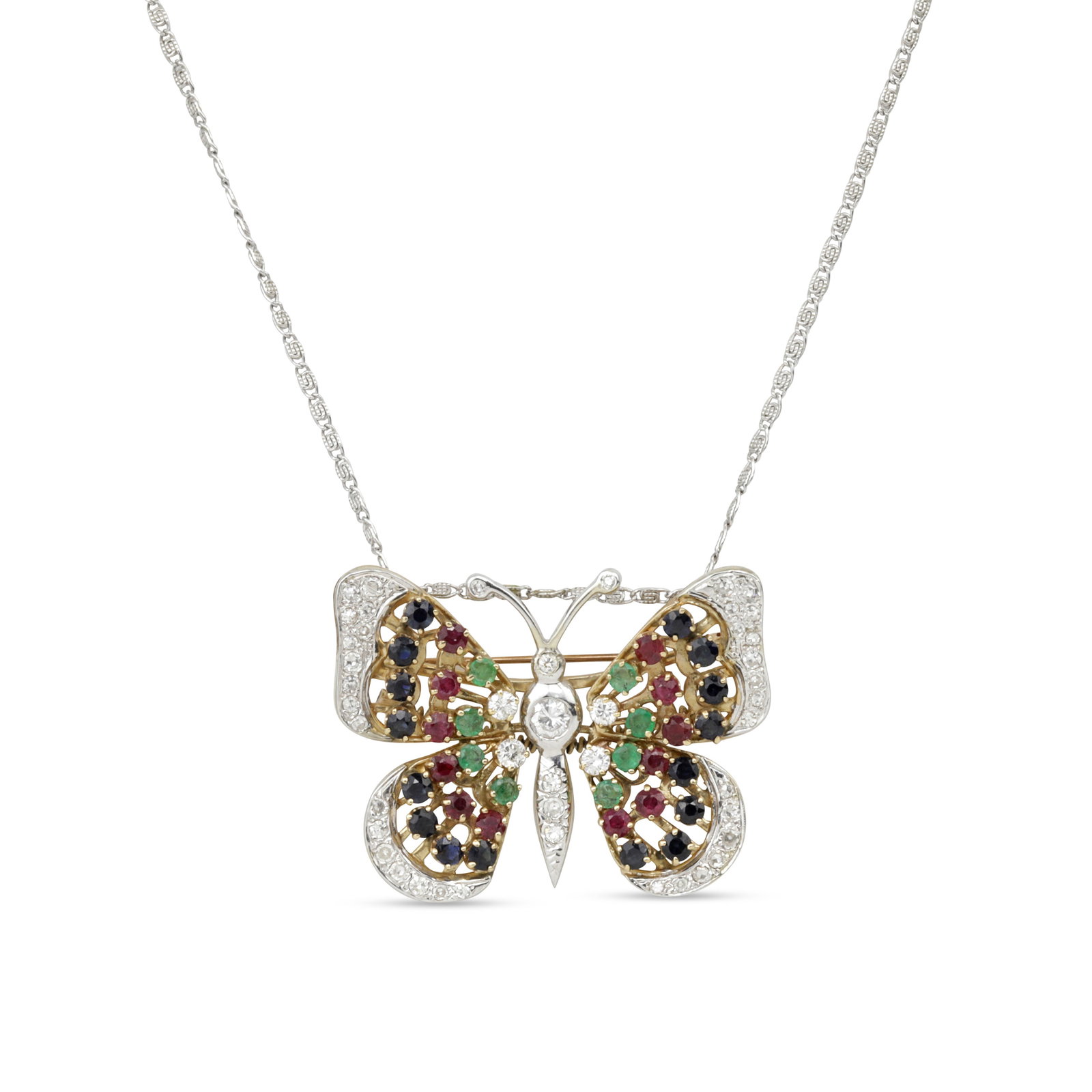 Ca. 1960 Retailed by: Franklin Simon & Co. 14kt Gold Diamond, Sapphire, Ruby, Emerald Butterfly: Retailed by: Franklin Simon & Co. American made: Likely NYC Circa 1960 14kt yellow & white gold Diamond, Sapphire, Ruby, Emerald Butterfly Pendant Necklace.