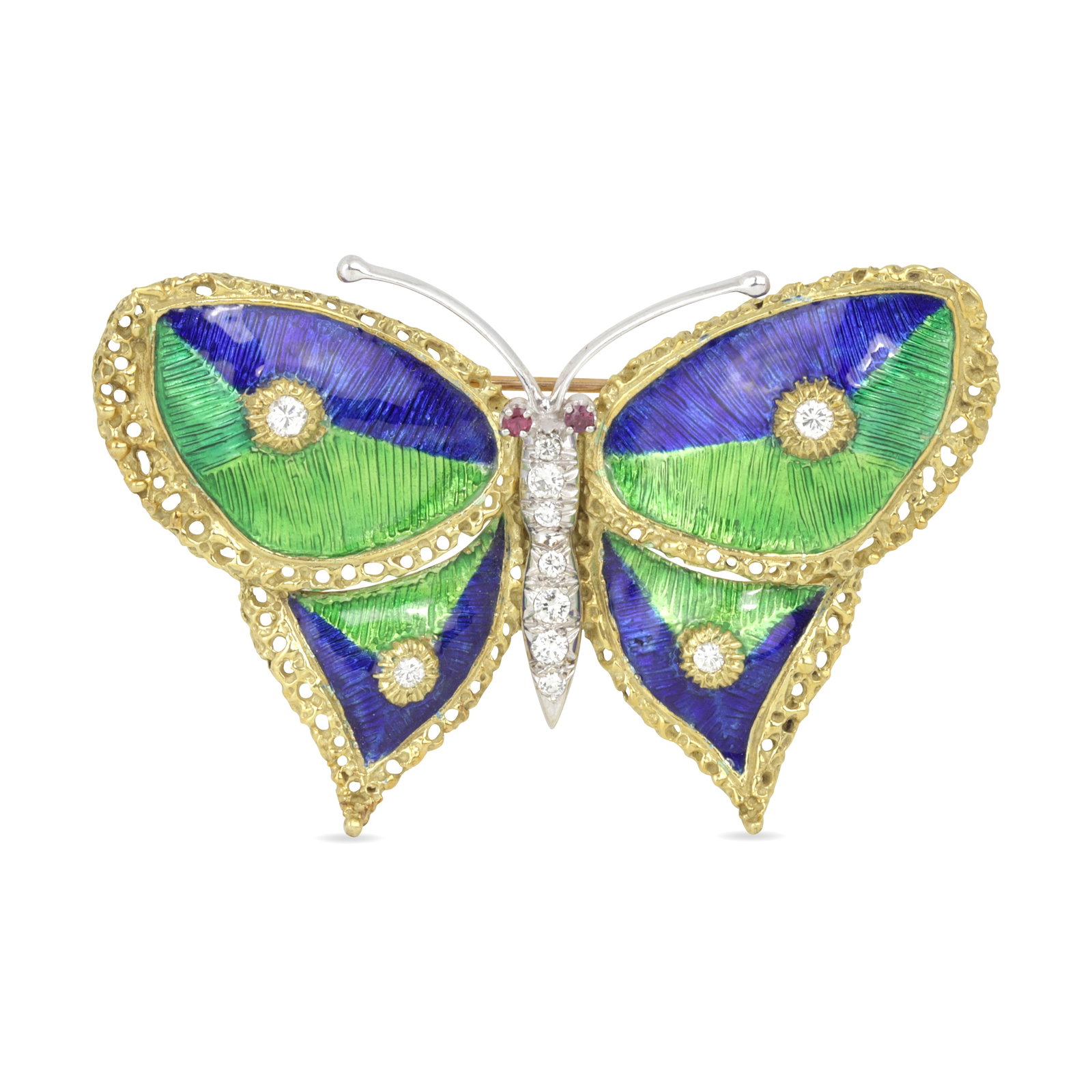18kt Gold Diamond, Ruby, and Enamel Butterfly Brooch (1 of 9)