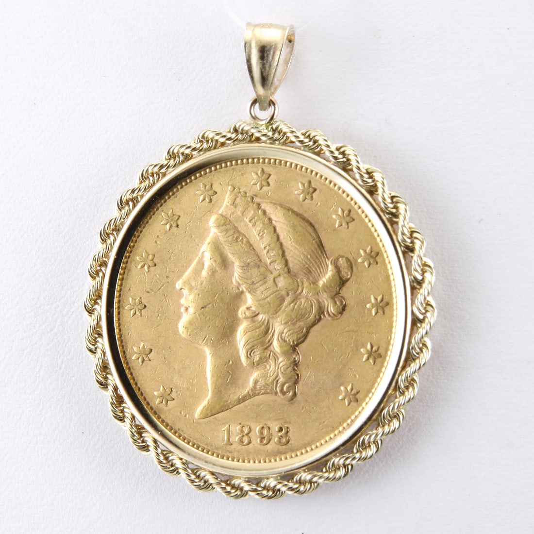 1893-S $20 (Regular Strike) Series: Liberty Head $20 w/th Heavy 14KT Bezel: 1893-S $20 (Regular Strike) Series: Liberty Head $20 1850-1907 Designer: James Barton Longacre Edge: Reeded Diameter: 34.00 millimeters Weight: 33.40 grams