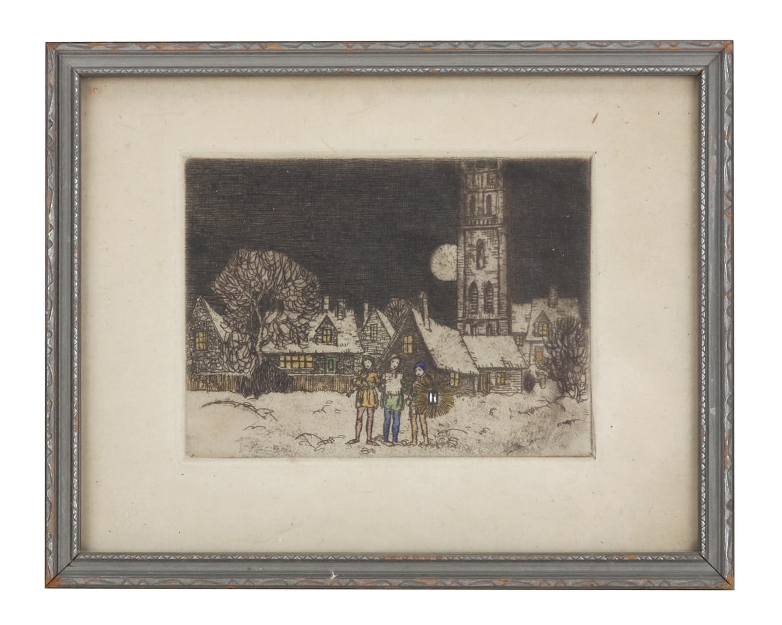 Possibly Dutch: Late 19th or early 20th century color engraving: Possibly Dutch: Late 19th or early 20th century color engraving. Depicting a landscape scene in winter with figures over a moonlight sky. Colored engraving. Image size: 4 x 5.7