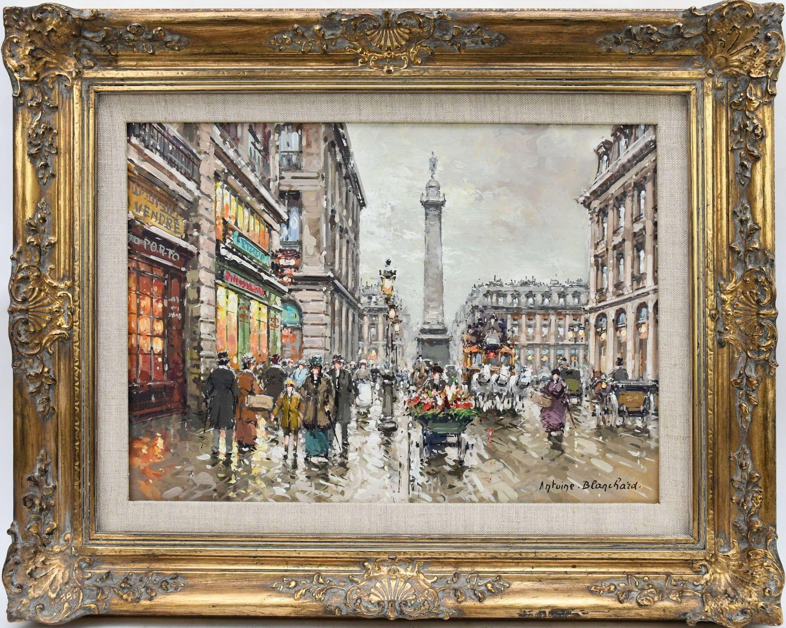 ANTOINE BLANCHARD (French 1910-1988) Rue de la Paix, Place Vendôme 13 x 18: ANTOINE BLANCHARD (French 1910-1988) Rue de la Paix, Place Vendôme Signed: Antoine. Blanchard (lower right). Oil on Canvas 13 x 18” inches Detailed Condition report: Ve