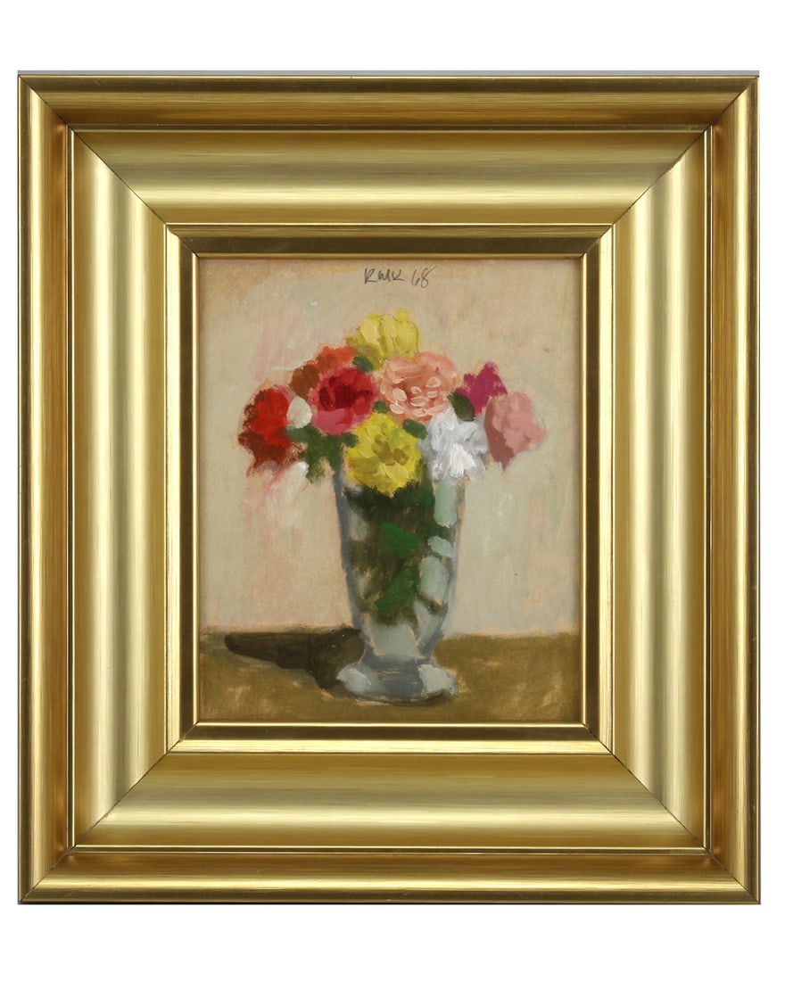 Robert Moore Kulicke American (1924 - 2007) ZINNIAS IN A GLASS JAR: Robert Moore Kulicke American (1924 - 2007) ZINNIAS IN A GLASS JAR 1968 Signed: RMK 68 (upper middle center) Oil on Board 6.5 x 7.88” inches Detailed Cond