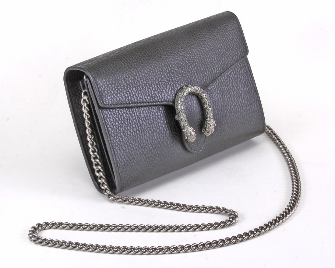 Gucci Dionysus Leather Mini Silver Chain Black Leather Bag w/th Box + All Papers + Original Receipt: Gucci Dionysus Leather Mini Silver Chain Black Leather Bag w/th Box + All Papers + Original Receipt Dated: 7/3/19. Single Flap Shoulder Bag w/th Silver Hardware decorated with Swarovski embellished ti