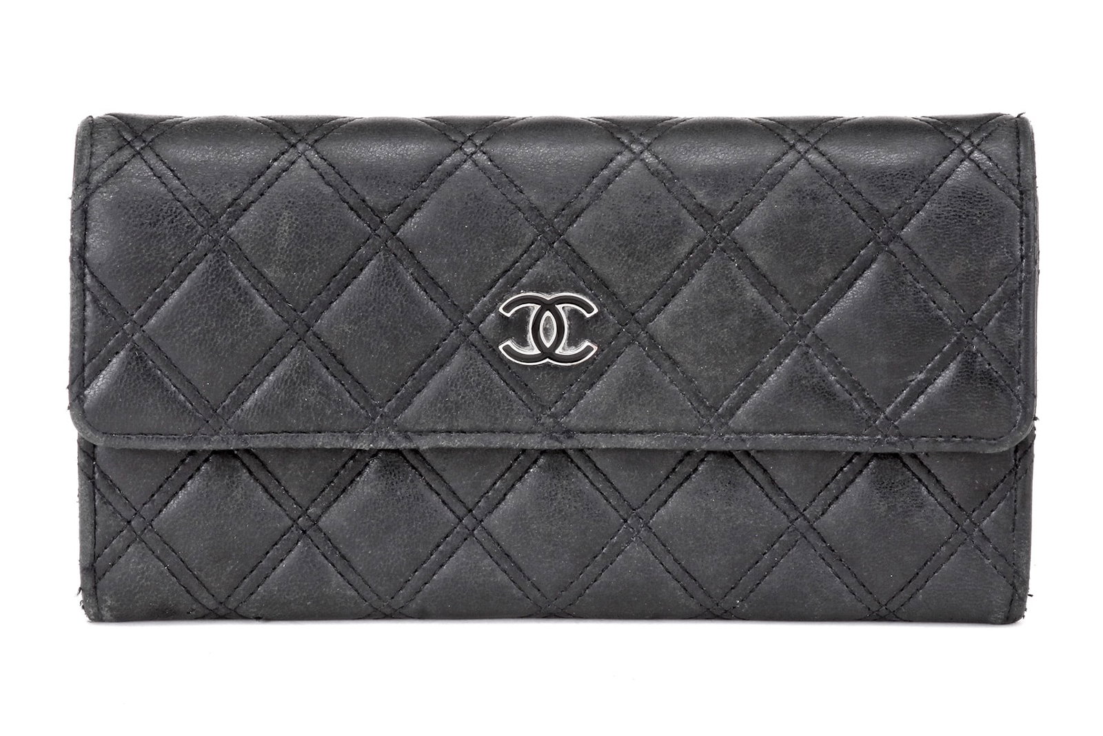 Chanel Black Quilted Lambskin CC Flap Long Wallet Silvertone Hardware: Chanel Black Quilted Lambskin CC Flap Long Wallet Silvertone Hardware. Serial Number: 2053843* (Genuine CC Sticker) Manufactured in Paris. The interior is lined in a black colored t