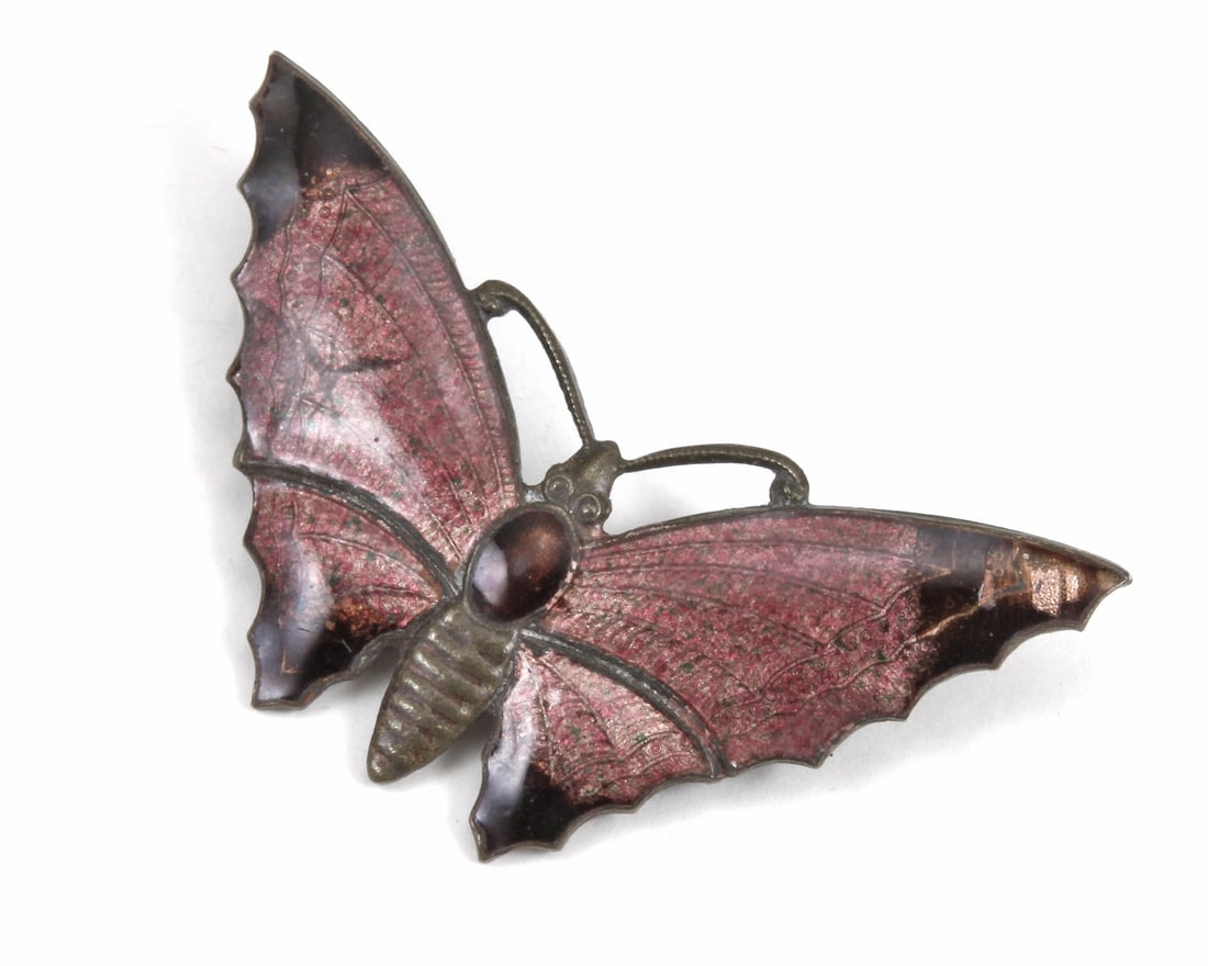 After Marius Hammer (Norwegian, 1847-1927) Art Nouveau Butterfly Enamel Brooch: Ca. 1900 Art Nouveau butterfly enameled brooch. After Marius Hammer (Norwegian, 1847-1927), Bergen, Norway, Circa 1900 Decorated using reddish, pinkish, iron