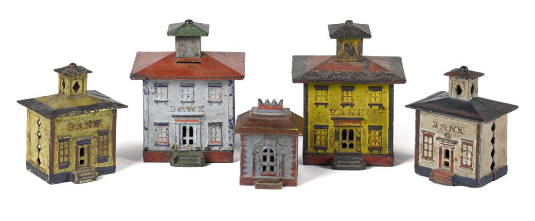 Five J. & E. Stevens cast iron building still banks, (1 of 1)