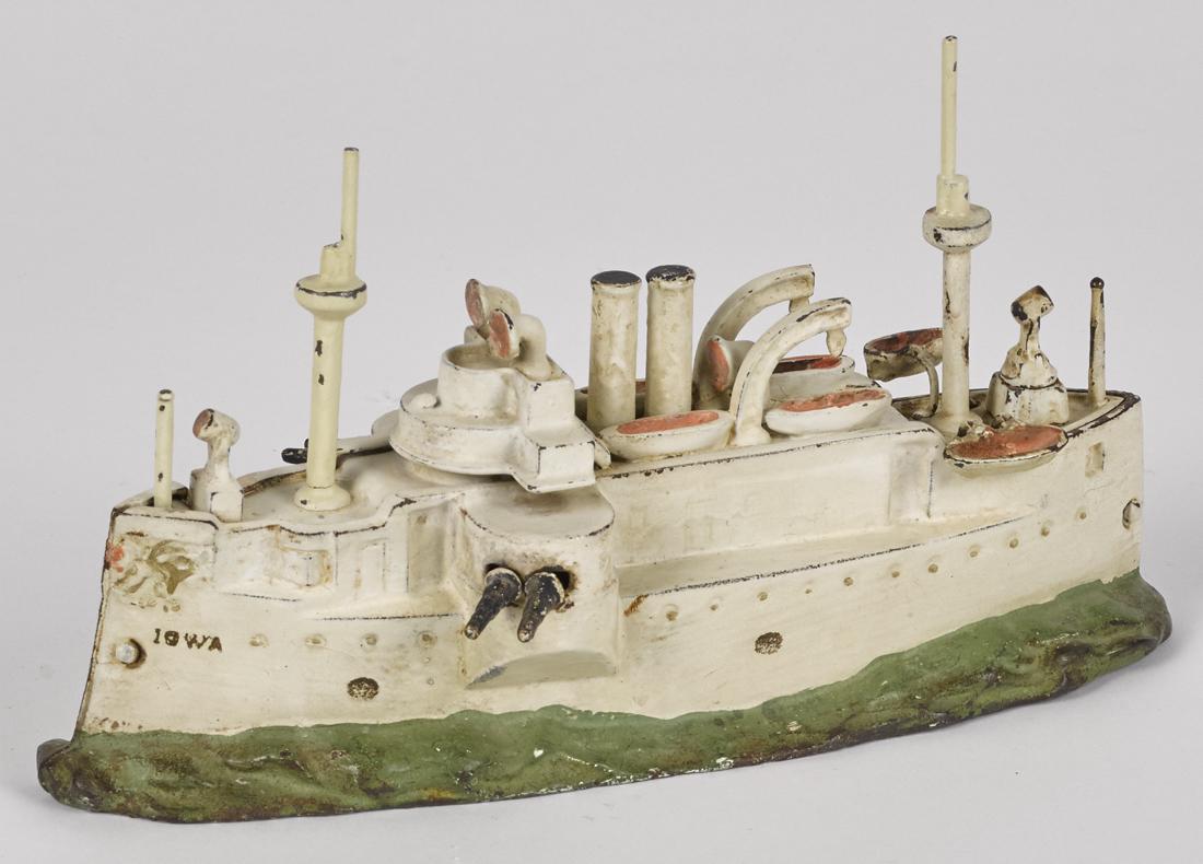 J. & E. Stevens cast iron Iowa battleship still bank,: J. & E. Stevens cast iron Iowa battleship still bank, 10'' l.