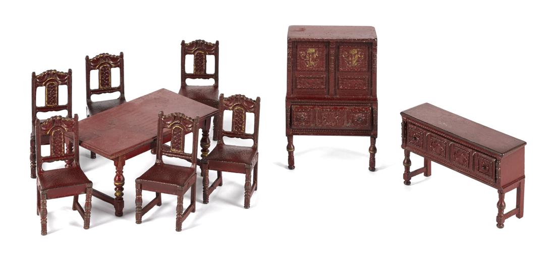 Arcade nine-piece cast iron living room suite, to: Arcade nine-piece cast iron living room suite, to include a server, a china cabinet, a table, and chairs, tallest - 6 1/2''.