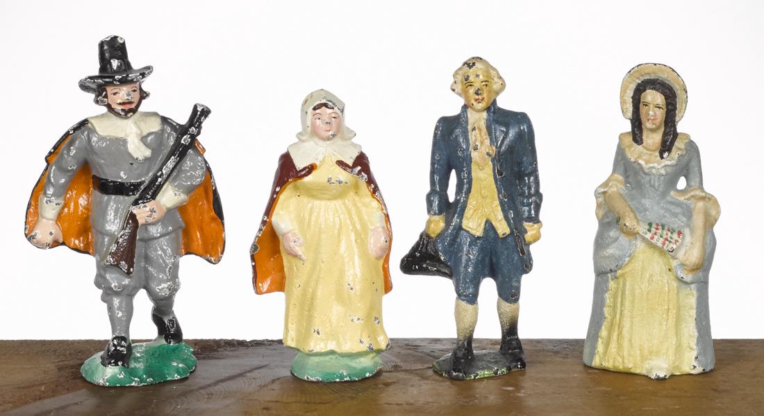 Four Albany Foundry Company cast iron colonial and: Four Albany Foundry Company cast iron colonial and pilgrim figures, tallest - 4 3/4''.