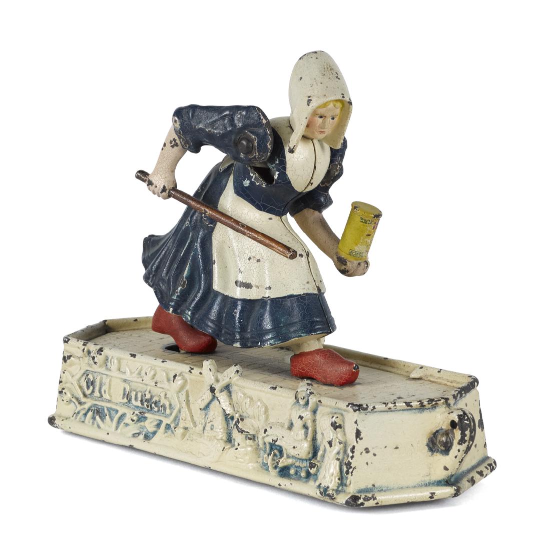 Hubley cast iron Old Dutch Cleanser animated pull toy: Hubley cast iron Old Dutch Cleanser animated pull toy, this scarce Hubley pull toy depicts the popular cleaning product's slogan ''Old Dutch Cleanser chases dirt, makes everything spick and span'', 9'