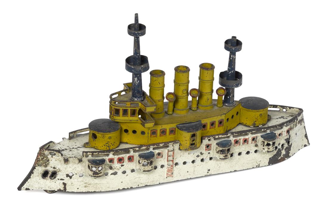 Dent cast iron battleship New York animated pull toy,: Dent cast iron battleship New York animated pull toy, 20'' l.