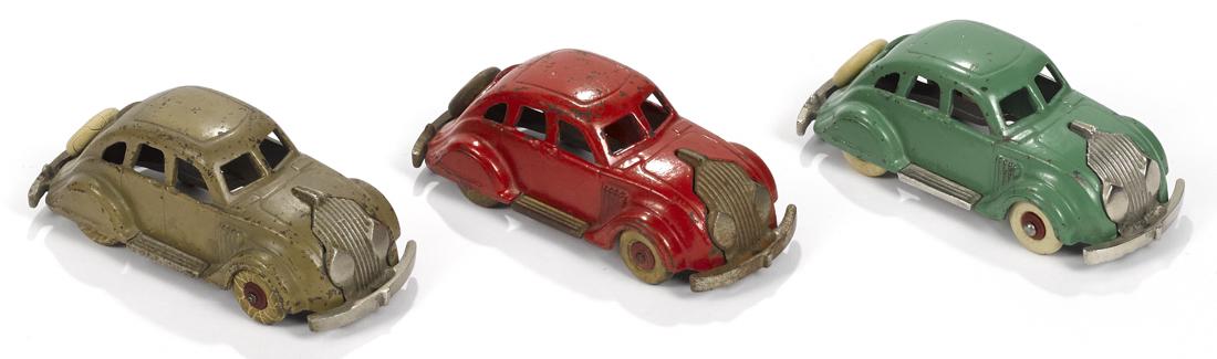Three Hubley cast iron Chrysler Airflow sedans, 6 1/4'' (1 of 2)