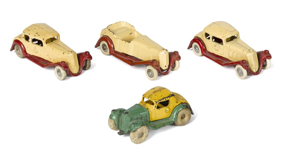 Four small cast iron Hubley cars, largest - 4 1/2'' l. (1 of 2)