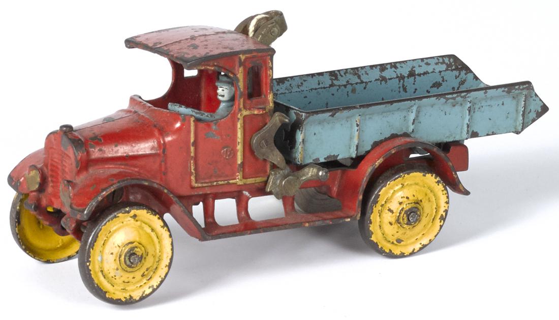 Dent cast iron dump truck with a painted driver, 11'' (1 of 1)