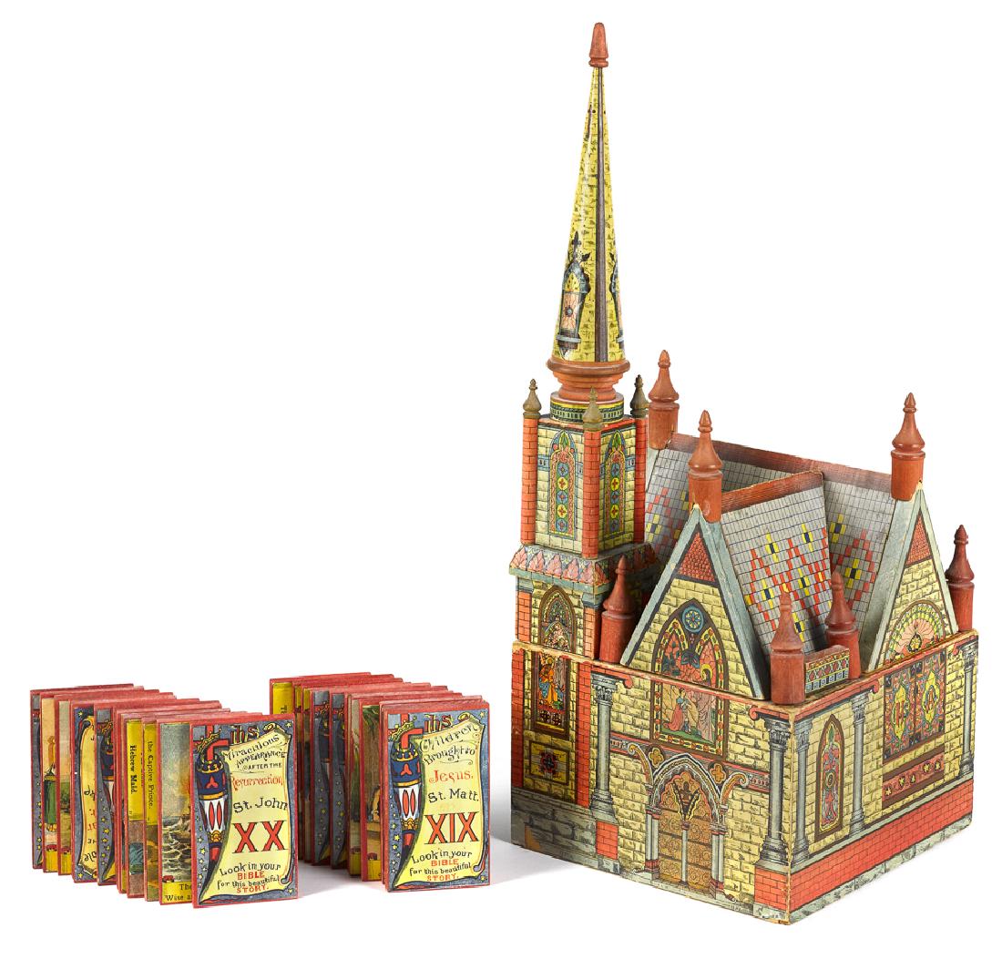 Bliss paper lithograph on wood church: Bliss paper lithograph on wood church, complete with 23 scripture blocks, 21 1/4'' h.