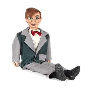 Paul Winchell Jerry Mahoney ventriloquist doll: Paul Winchell tribute Jerry Mahoney ventriloquist doll, wearing a 1950's style suit and wig, with self-centering eyes, 38'' h. This was made by Jerry Layne taking molds off of the original Winchell do