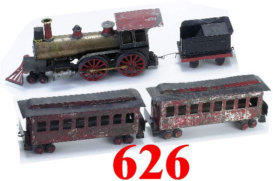 Weeden 2 Gauge 4-4-0 Engine, Tender & 2: Weeden 2 Gauge 4-4-0 Engine, Tender & 2 Passenger Cars-a very scarce Weeden live steam locomotive with tender marked "I. & A. R. R." (excellent) and 2 passenger coaches (fair - serious paint loss)-eng