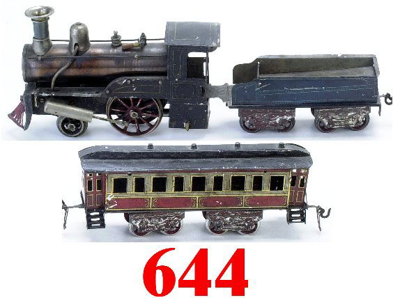 Schoenner O Gauge Live Steam 2-2-0 Engi: Schoenner O Gauge Live Steam 2-2-0 Engine, Tender, & Coach-an early American outline engine with lithographed tin tender and colorful passenger coach-good to very good (paint flaking on tender & coach