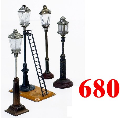 Lot: 4 Street Lamps - 3 Marklin Oil Fire: Lot: 4 Street Lamps - 3 Marklin Oil Fired & 1 Bing with Ladder-all hand enameled tin, cast metal lampposts with original glass-very good to excellent (paint beginning to flake on Bing base)-largest 9"