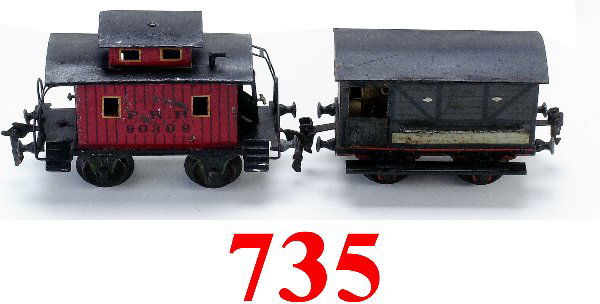 Lot: 2 Marklin 1 Gauge Cars - Caboose &: Lot: 2 Marklin 1 Gauge Cars - Caboose & Brake Wagon-hand enameled tin, American profile engine caboose marked "P. R. R." and English profile brake wagon with 3 hinged doors-good to very good (caboose