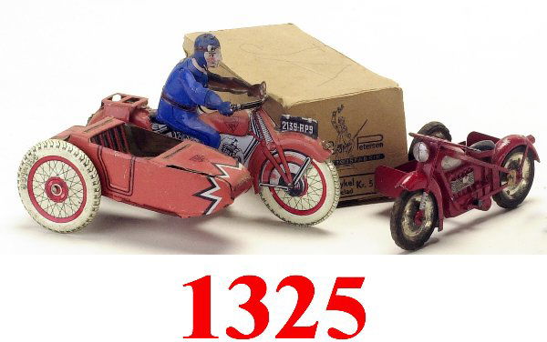 Lot: 2 Motorcycle Floor Toys - tin &: Lot: 2 Motorcycle Floor Toys - tin & diecast - lithographed tin with driver marked "SFA - Paris", the other is diecast and tin and made in Sweden - good to very good (some light flaking on diecast) -
